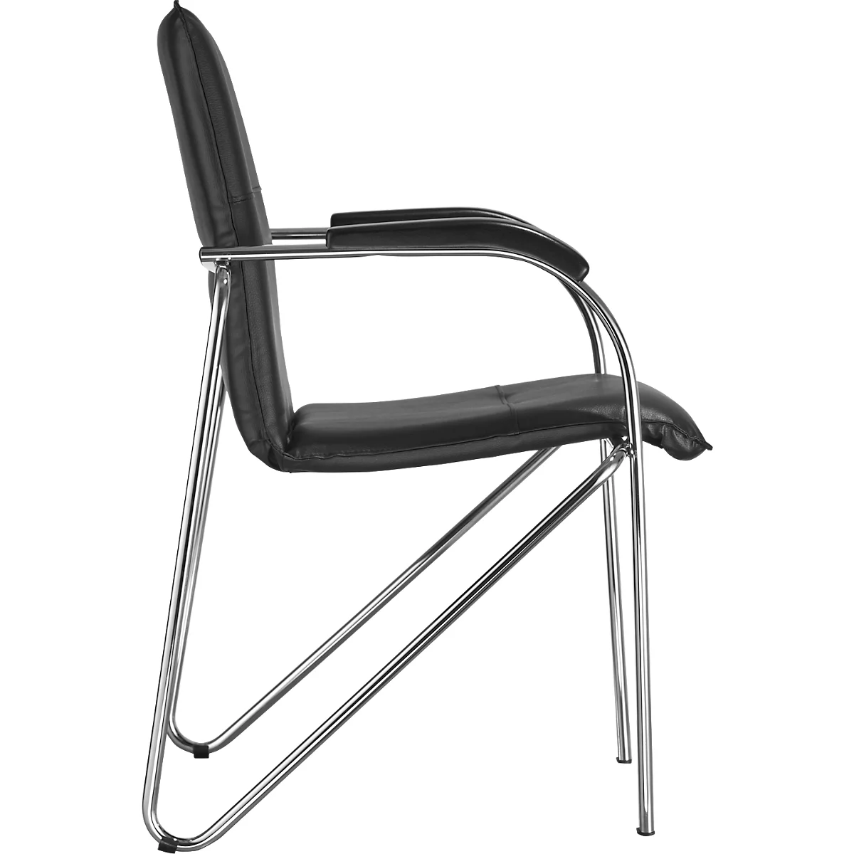 Black leather and chrome office chair, side view, armrests, modern design.