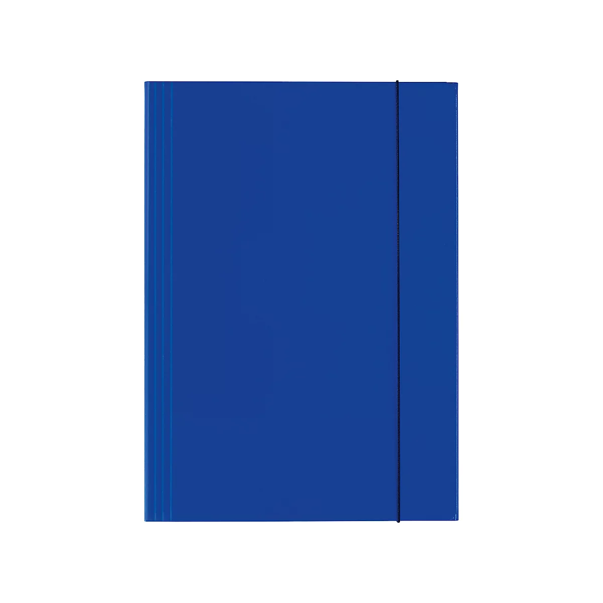 Blaues Notizbuch mit schwarzem Gummiband.