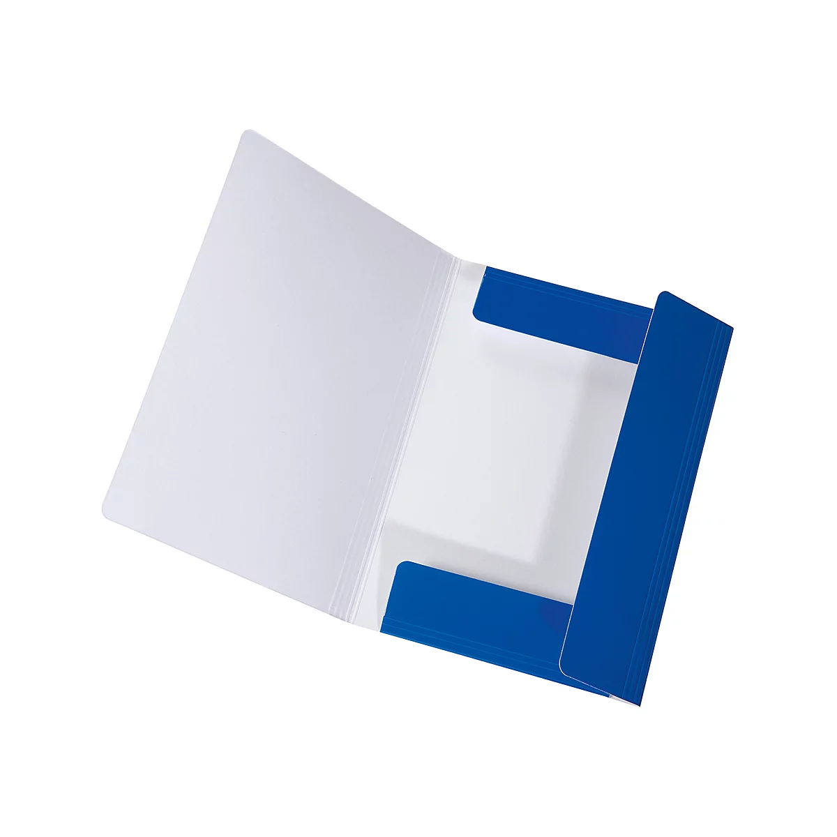 Offene blaue Dokumentenmappe, innen weiß. Auf der rechten Seite befinden sich Laschen zum Einstecken von Papieren.