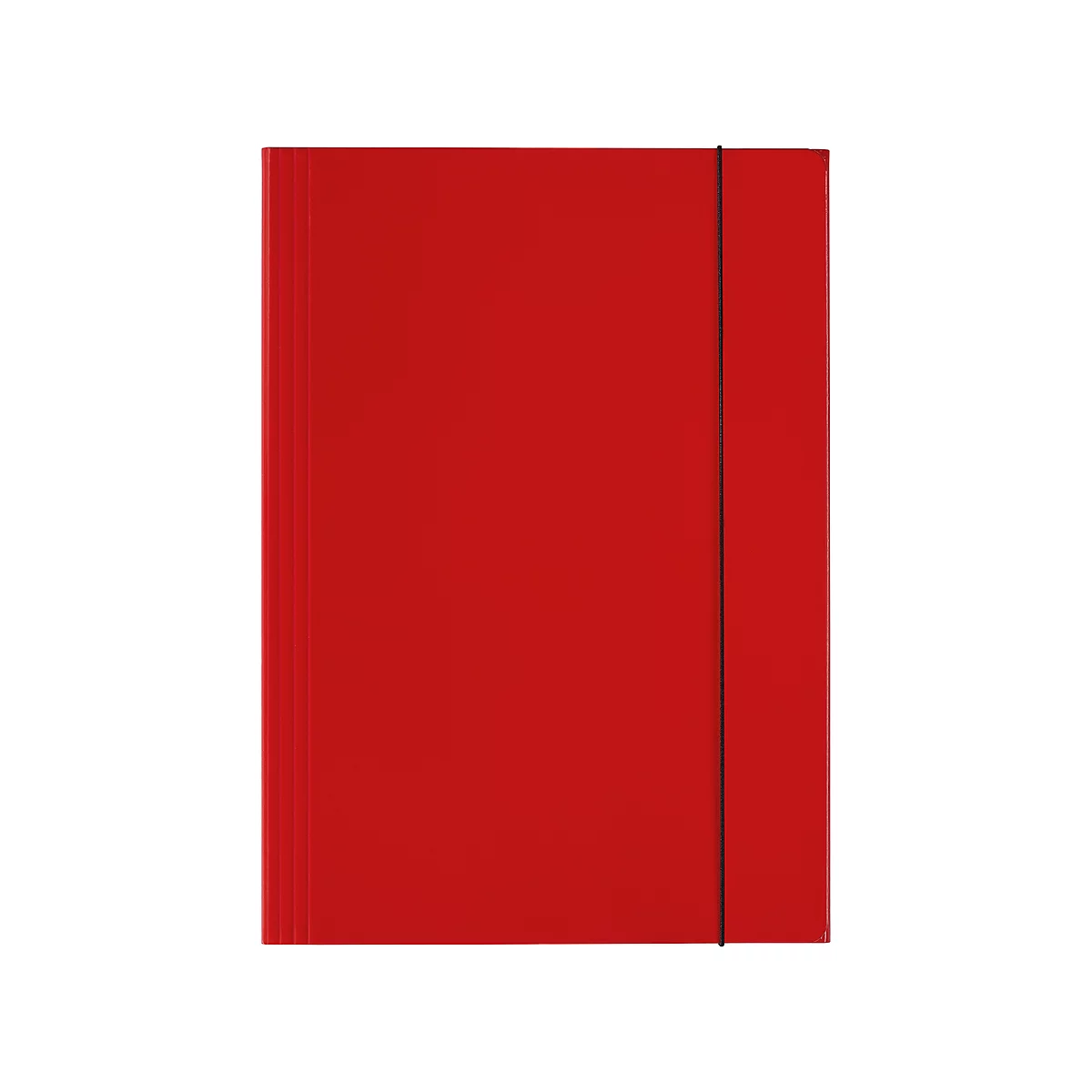 Rotes Notizbuch mit schwarzem Gummibandverschluss.