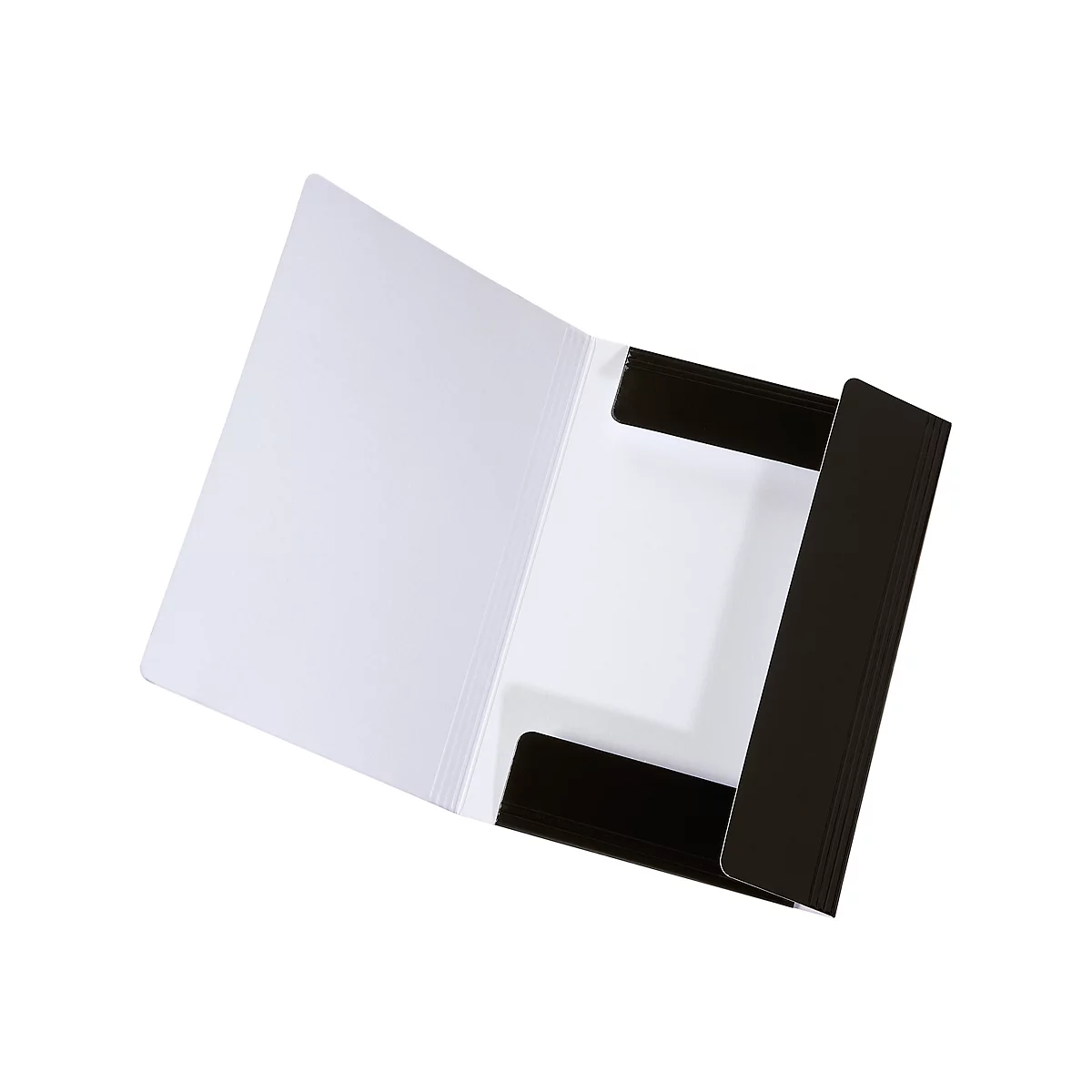 Eine offene Aktenmappe, weiß mit schwarzen Verschlusslaschen, zeigt die Innenseite.