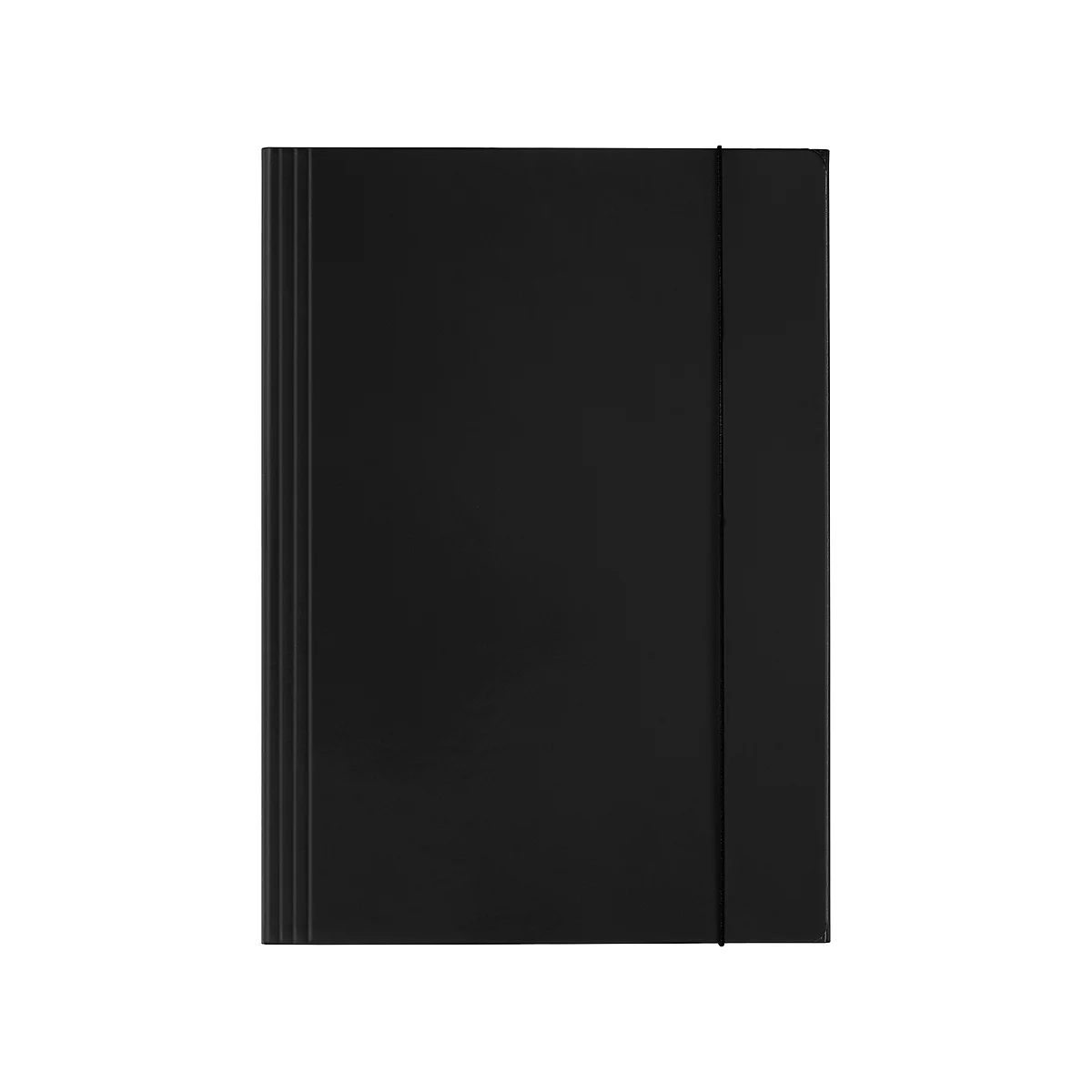 Schwarzes Notizbuch mit Gummiband zum Verschließen, das einen Großteil des Bildes ausfüllt.