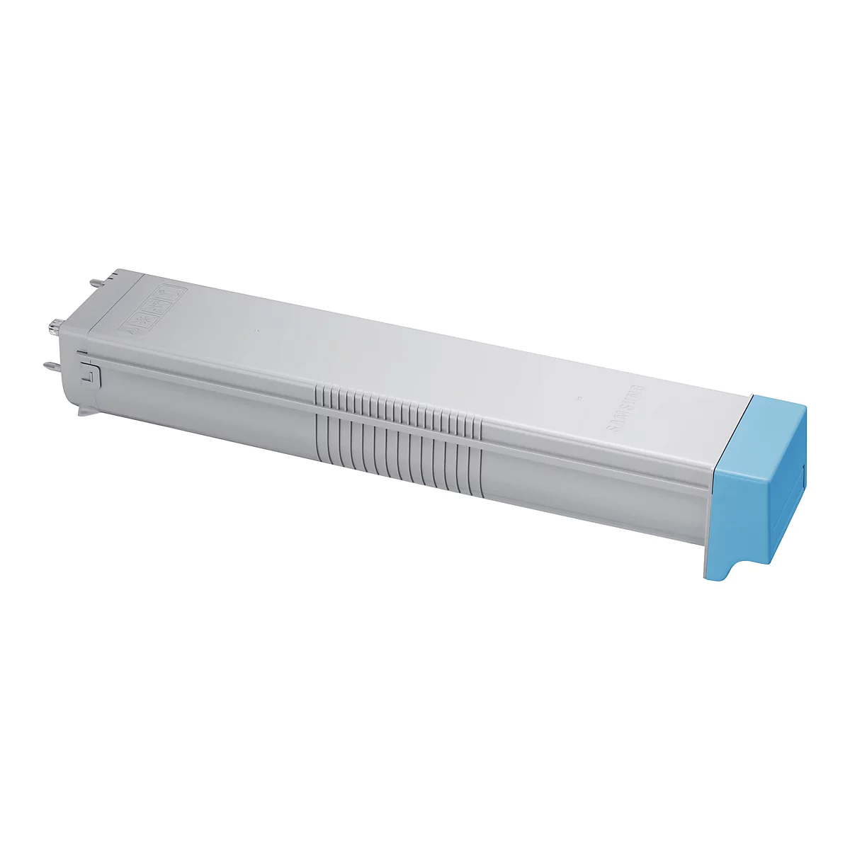 Une cartouche de toner grise avec un capuchon bleu clair, sur fond blanc.