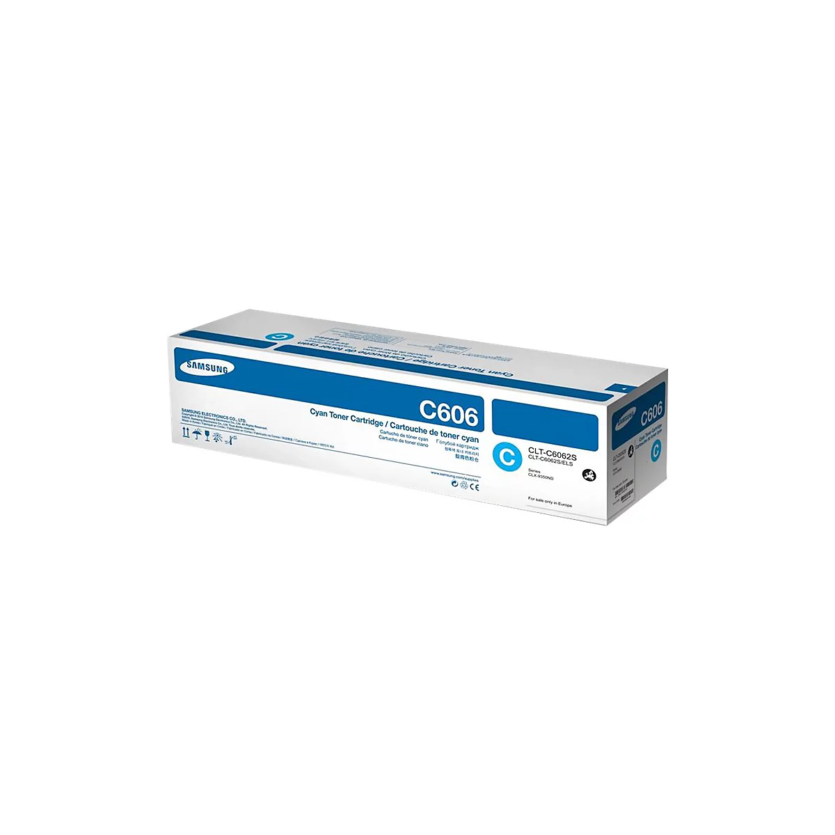 Cartouche de toner Samsung C606 bleu clair et blanche. Texte: Cyan Toner Cartridge/Cartouche de toner cyan, CLT-C6062S.