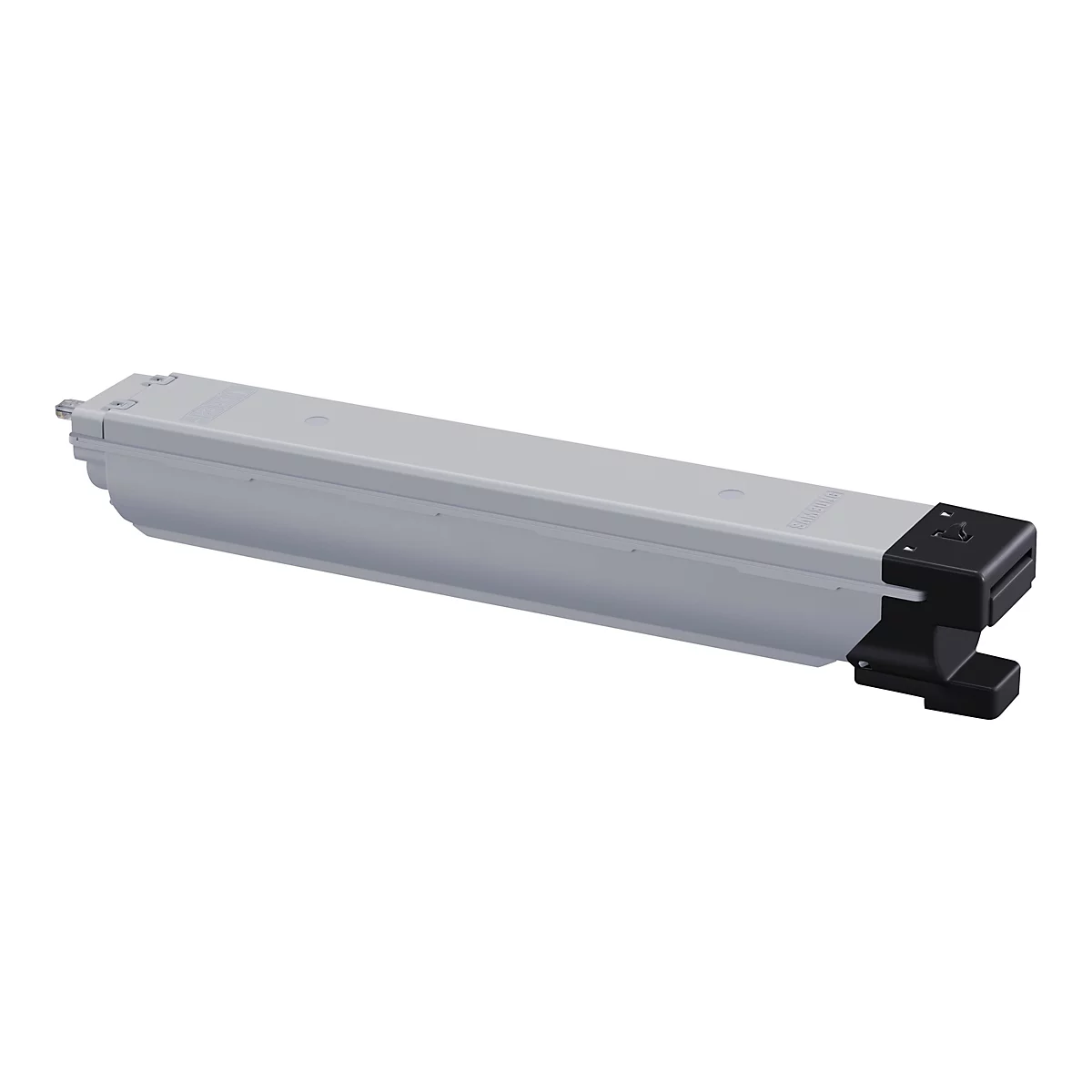 Cartouche de toner grise, vue de dessus. PiÃ¨ce en plastique noir Ã  l'extrÃ©mitÃ©.