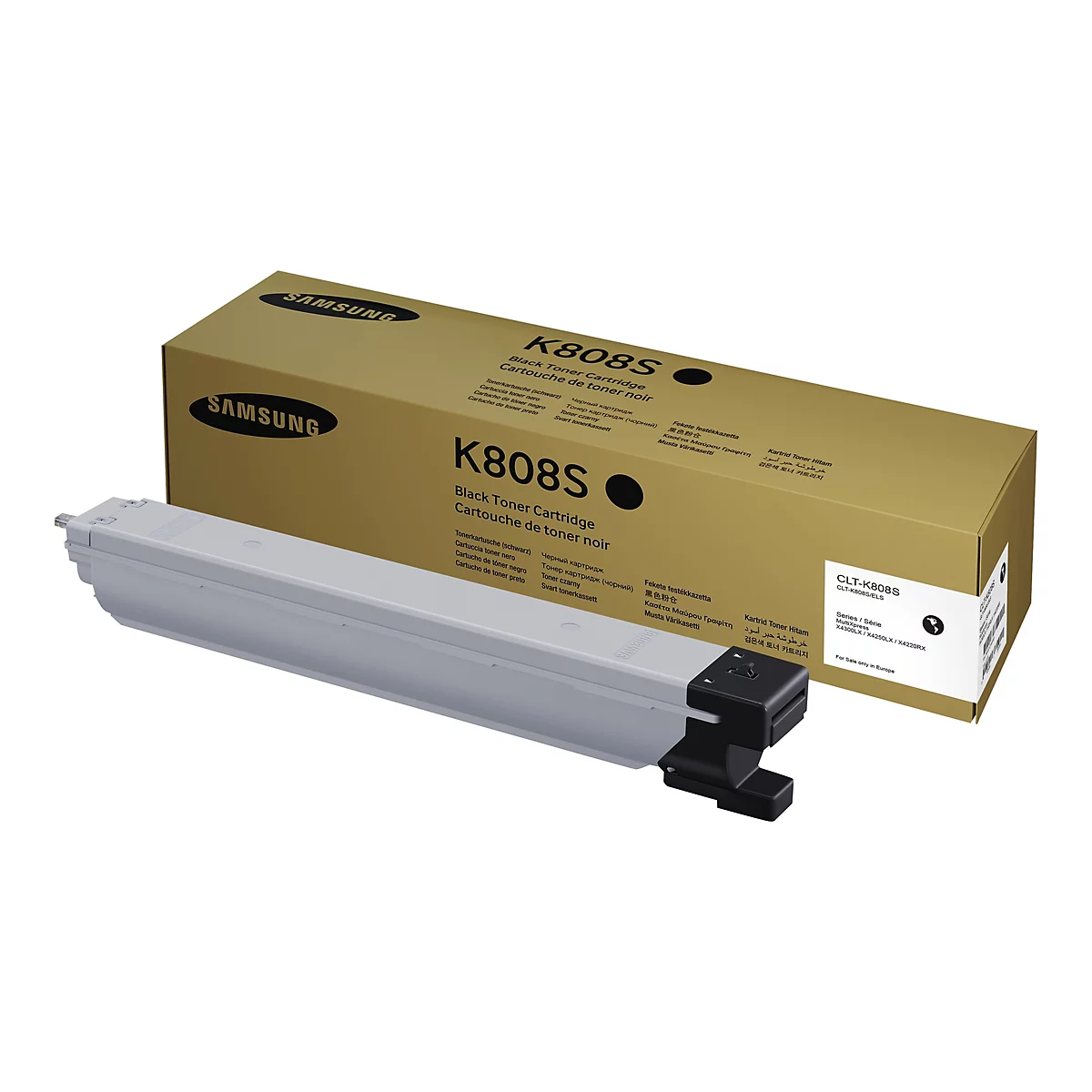 Eine Samsung K808S Toner-Kartusche und ihre Verpackung, vor weiÃŸem Hintergrund.