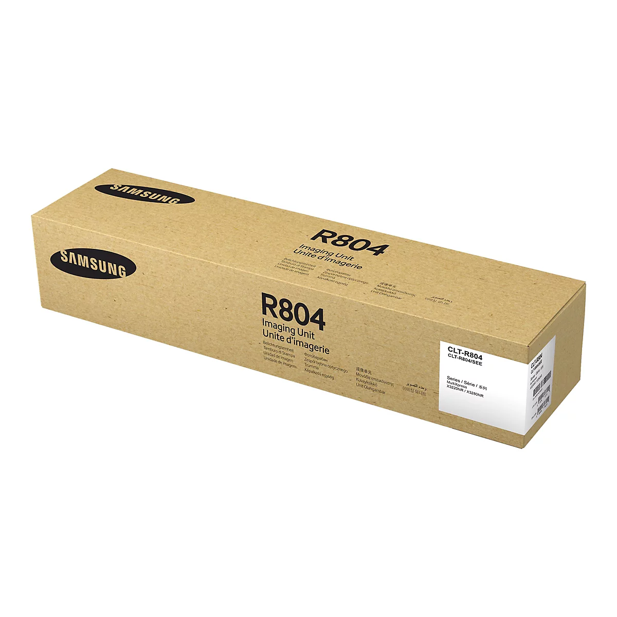 BoÃ®te en carton marron avec le logo Samsung et l'inscription R804. Ã‰tiquette avec informations sur le produit. Sur fond blanc.