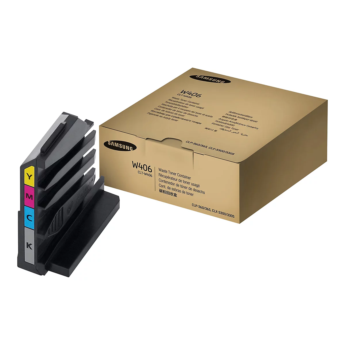 Conteneur de toner noir avec marquages ​​couleur (Y, M, C, K) à côté d'une boîte Samsung marron.