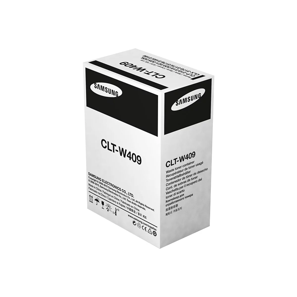 BoÃ®te de toner Samsung blanche avec bande noire et imprimÃ©s, dont CLT-W409.