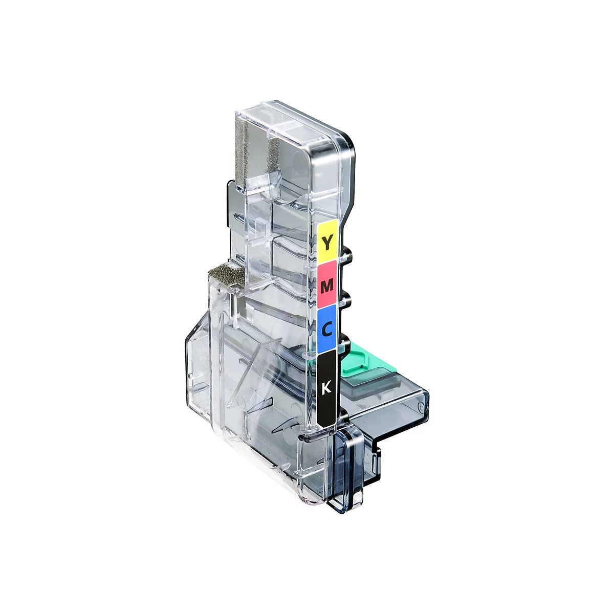 Transparente Druckerpatrone mit Farbmarkierungen YMCK. Die Patrone besteht aus transparentem Kunststoff und enthält farbige Tinten.
