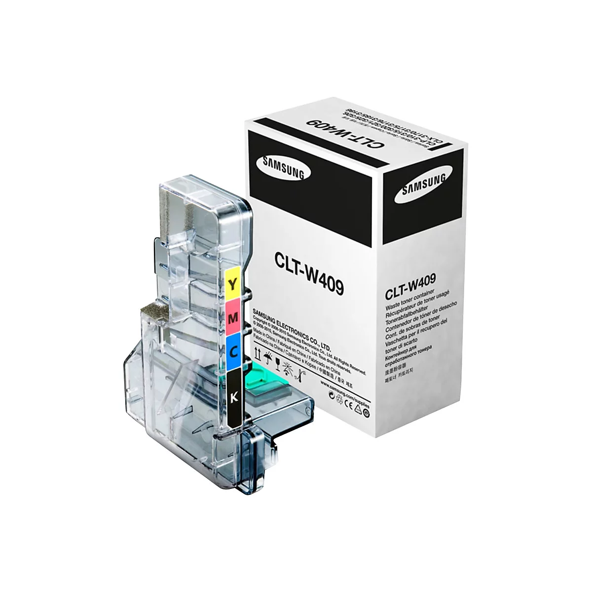 Transparente Tonerkassette neben einer weißen Samsung-Verpackung. Auf der Kassette sind die Farben Y, M, C, K markiert, auf der Verpackung steht CLT-W409.