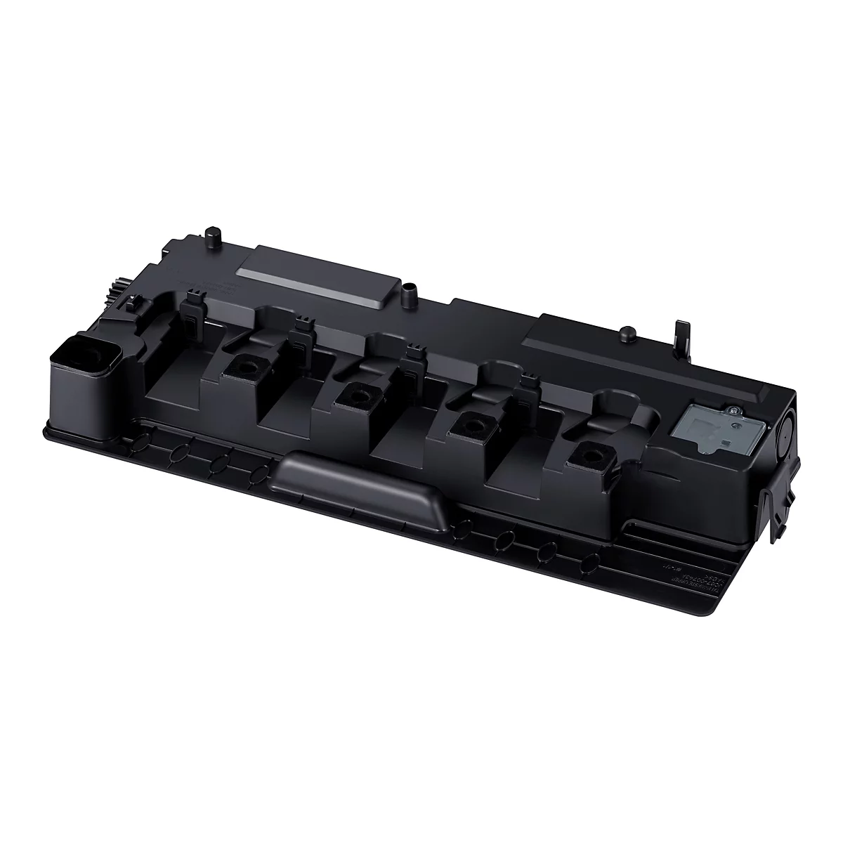 Une pièce en plastique noir avec une structure rectangulaire avec de multiples renfoncements et une zone allongée surélevée. De petits détails sont visibles sur la surface.