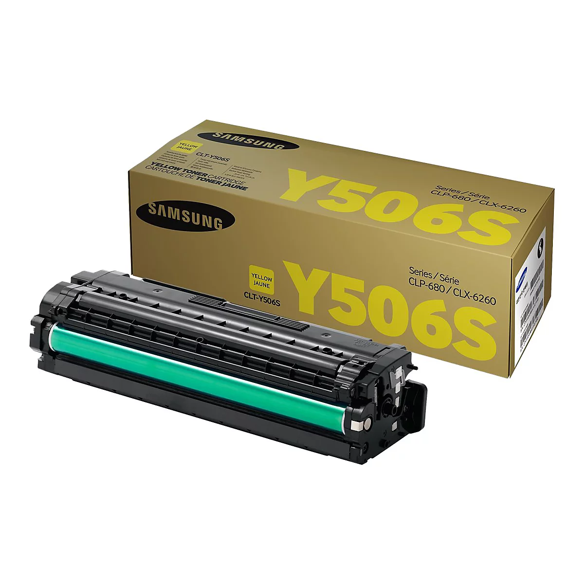 Gelbe Toner-Kartusche und Verpackung von Samsung. Die Verpackung zeigt die Modellnummer Y506S. Die Kartusche selbst ist schwarz und hat eine grÃ¼ne Walze.