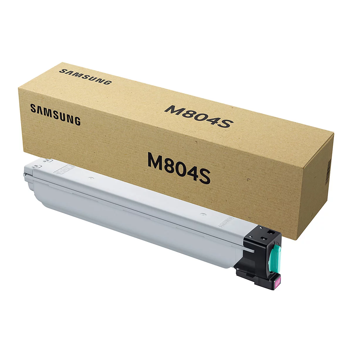 Eine Samsung M804S Tonerkartusche und ihre Verpackung. Die Verpackung ist braun und trÃ¤gt den Samsung-Schriftzug. Die Kartusche ist silber und schwarz.