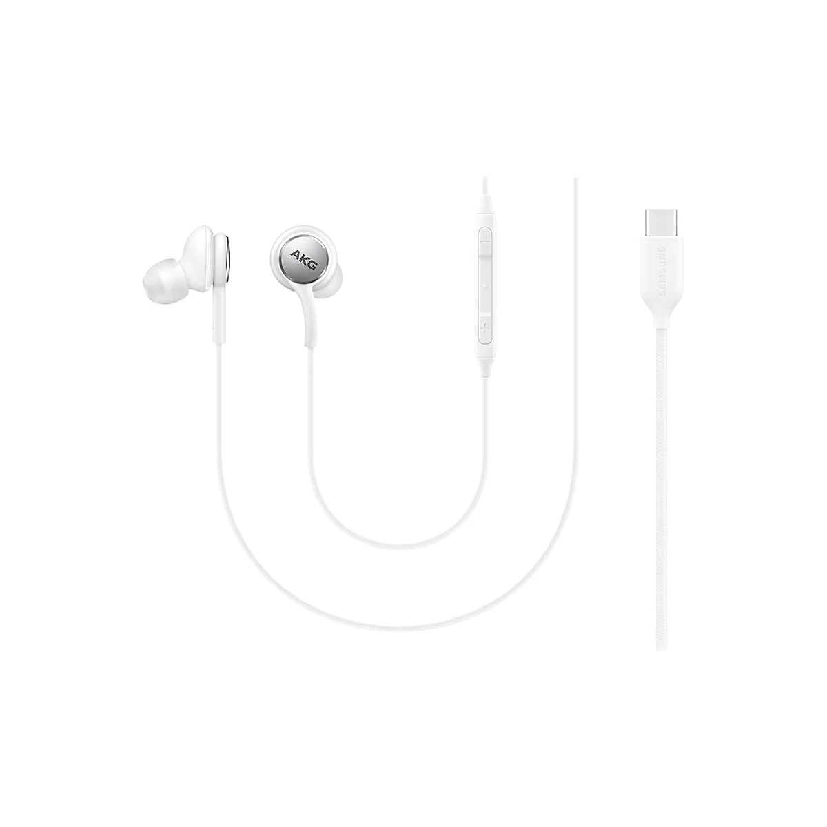 Weisse AKG In-Ear-KopfhÃ¶rer mit USB-C-Anschluss. Links: KopfhÃ¶rer. Mitte: Bedienelement. Rechts: USB-C-Stecker.