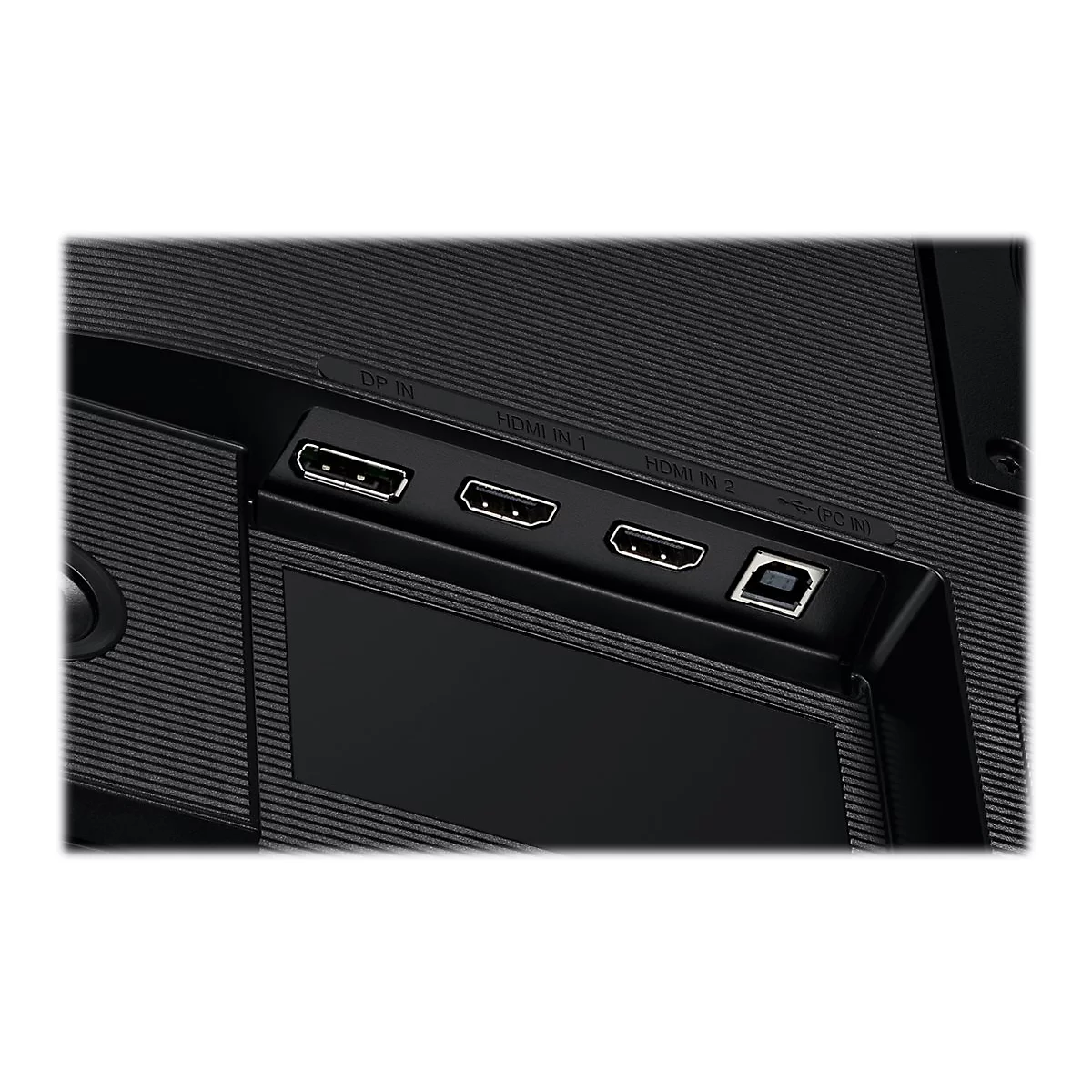 RÃ¼ckseite eines schwarzen Monitors mit AnschlÃ¼ssen fÃ¼r HDMI und USB.