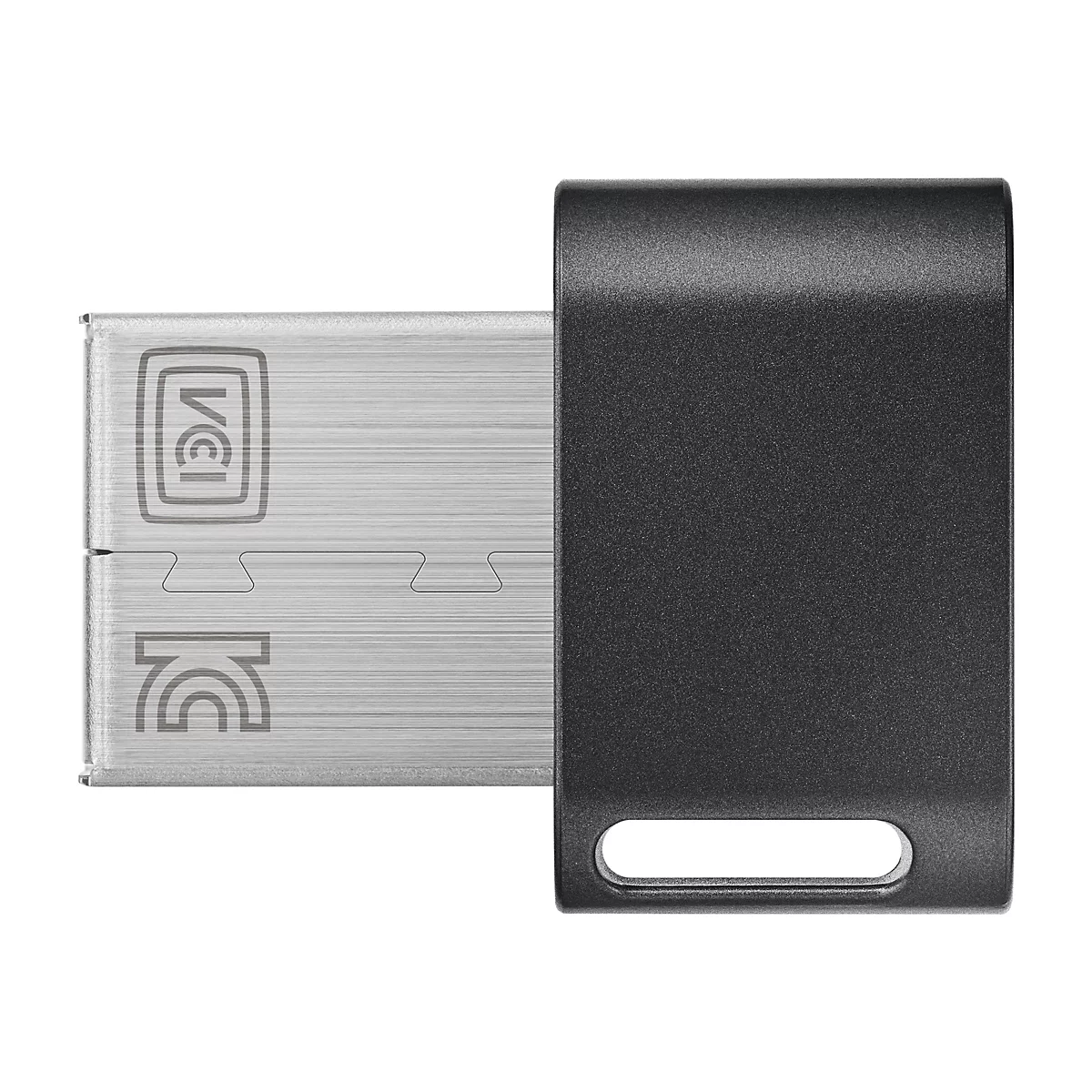 Schwarzer USB-Stick mit silbernem Stecker und FCC- und VCI-Kennzeichnung. Der Stick hat ein Loch.