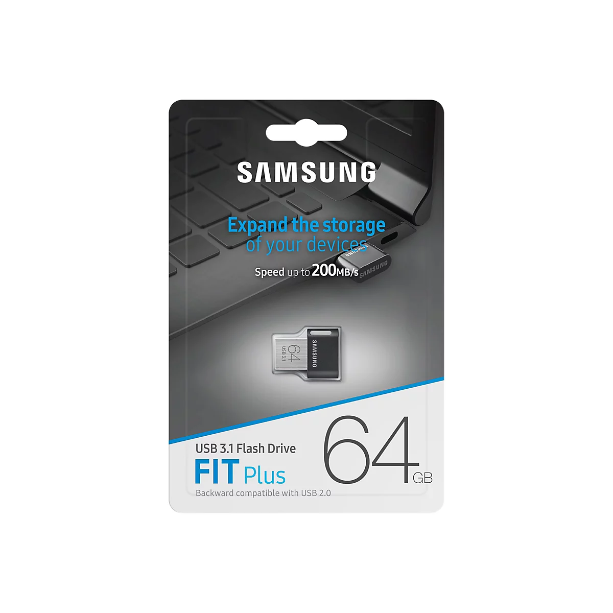 Verpackung einer Samsung USB 3.1 Flash Drive FIT Plus, 64 GB. Aufschrift: Expand the storage of your devices. Speed up to 200MB/s.
