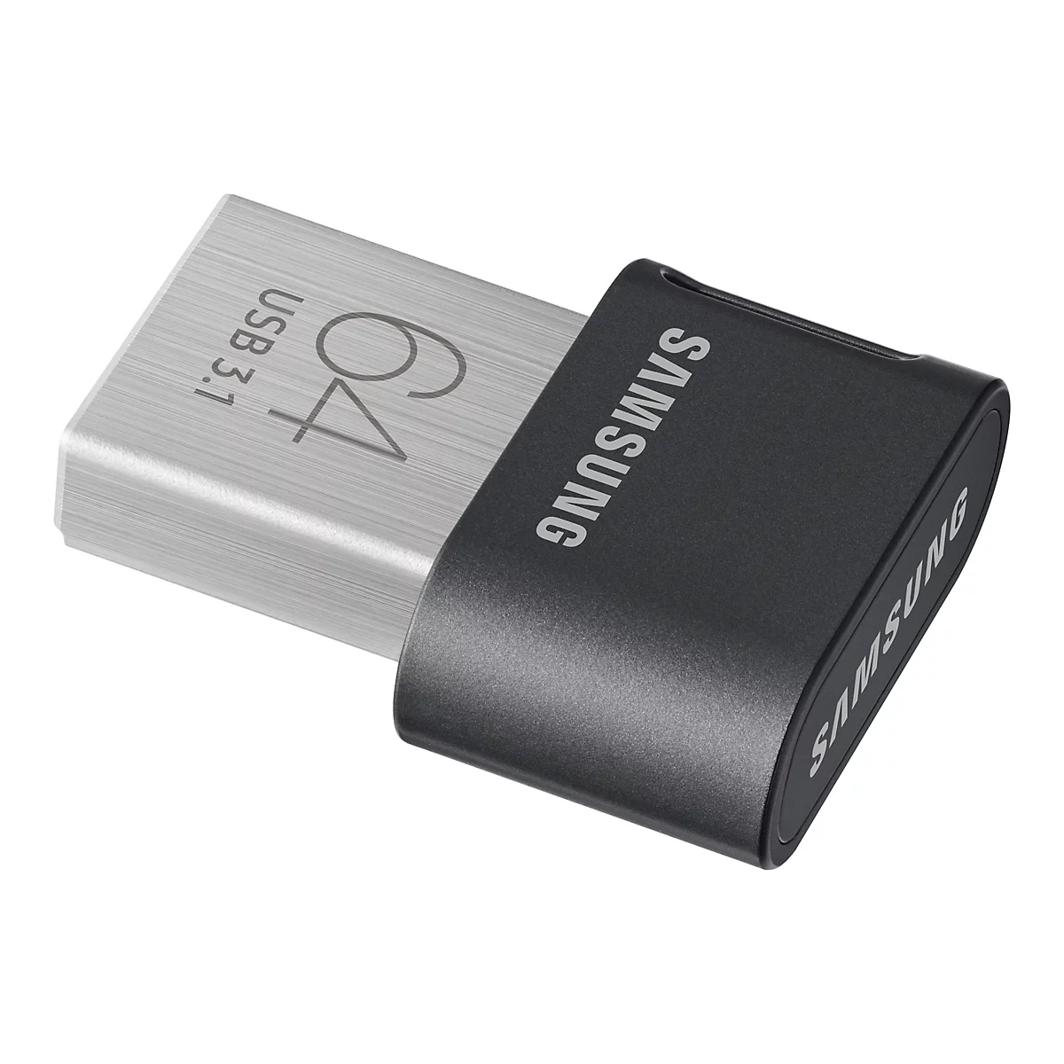 USB-Stick von Samsung. Silberfarbener MetallkÃ¶rper, schwarze Kappe. Beschriftung 64 USB 3.1 und SAMSUNG.