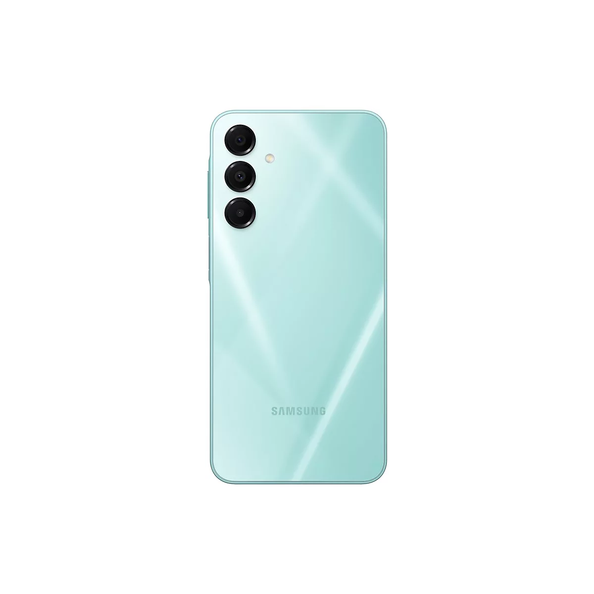 Rückseite eines mintfarbenen Smartphones mit Kamera-Modul und Samsung-Logo.