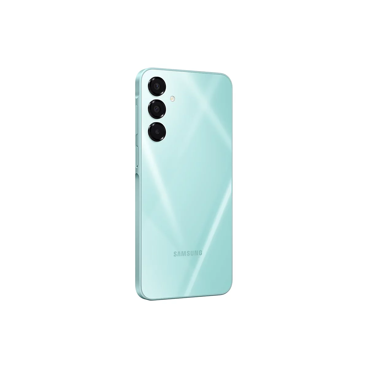 Türkisfarbenes Smartphone auf weißem Hintergrund. Auf der Rückseite sind drei Kameraobjektive und das Samsung-Logo zu sehen.
