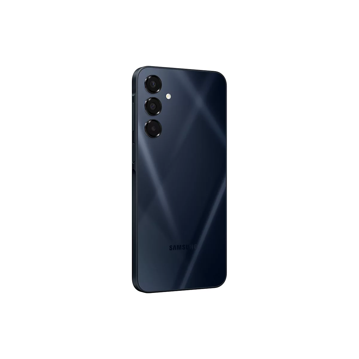 Dunkelblaues Smartphone von hinten, mit Kameras und Samsung-Logo. Helle Reflexe auf der glatten Oberfläche.
