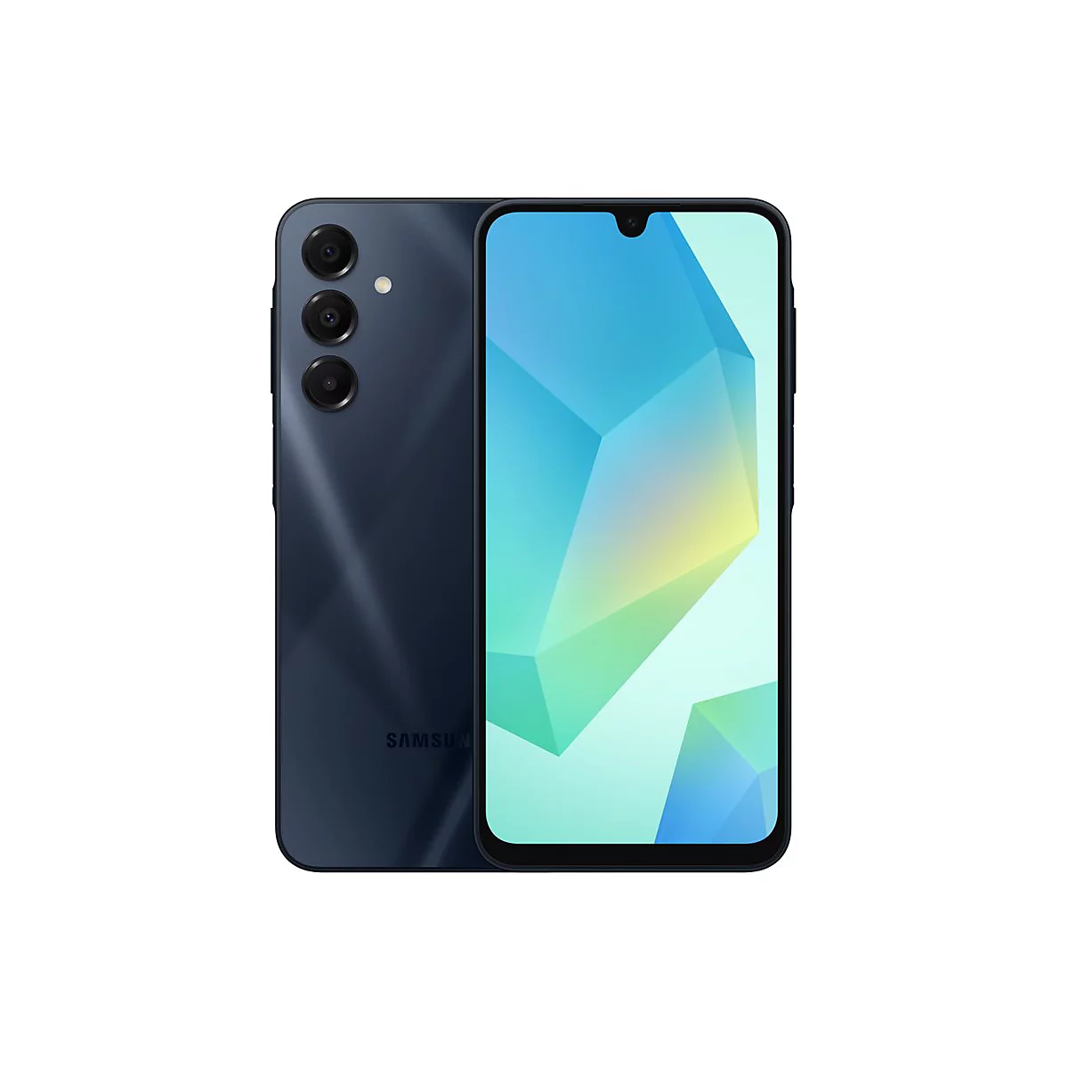 Dunkelblaues Smartphone mit drei Kameras auf der Rückseite. Auf dem Bildschirm ist ein geometrisches Muster zu sehen. Der Schriftzug SAMSUNG ist erkennbar.