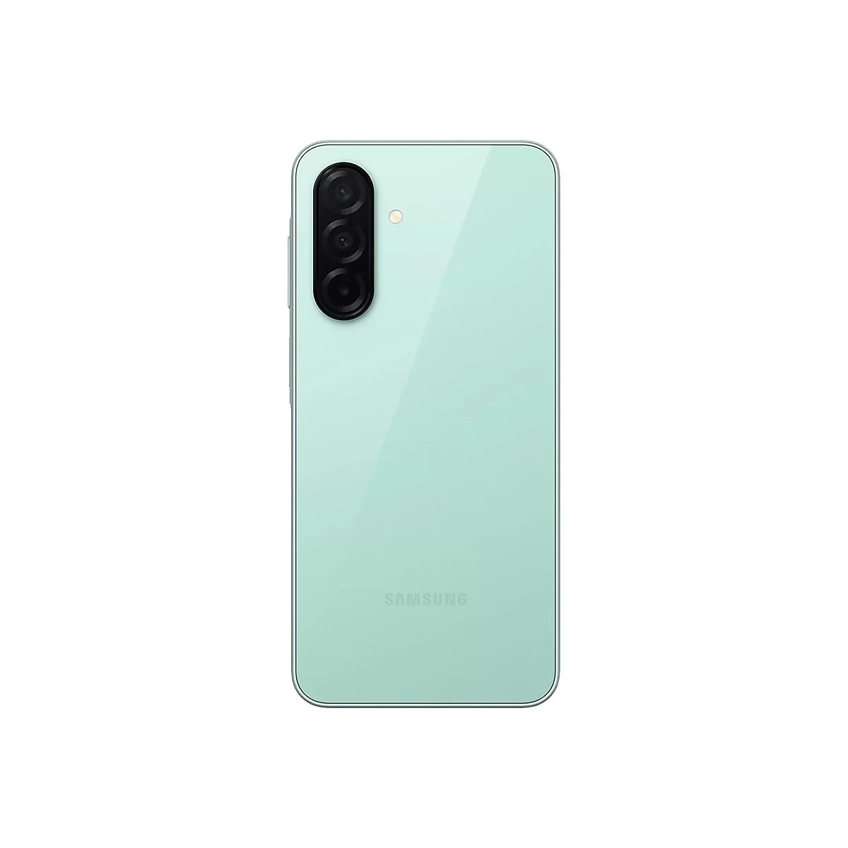 Rückseite eines mintfarbenen Smartphones mit dreifacher Kamera und dem Schriftzug 'Samsung'.