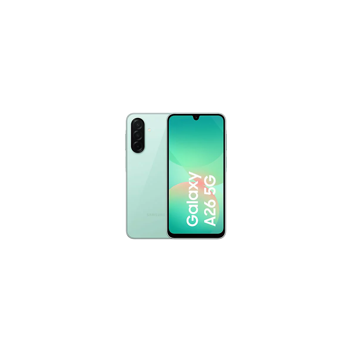 Türkisfarbenes Smartphone, Vorder- und Rückseite sichtbar. Auf dem Bildschirm steht Galaxy A26 5G.