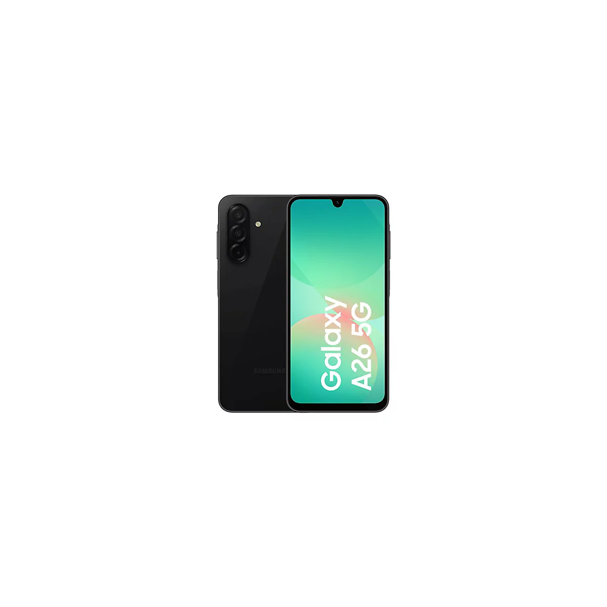 Schwarzes Samsung Galaxy A26 5G Smartphone. Die Vorderseite zeigt das Display mit dem Schriftzug "Galaxy A26 5G".