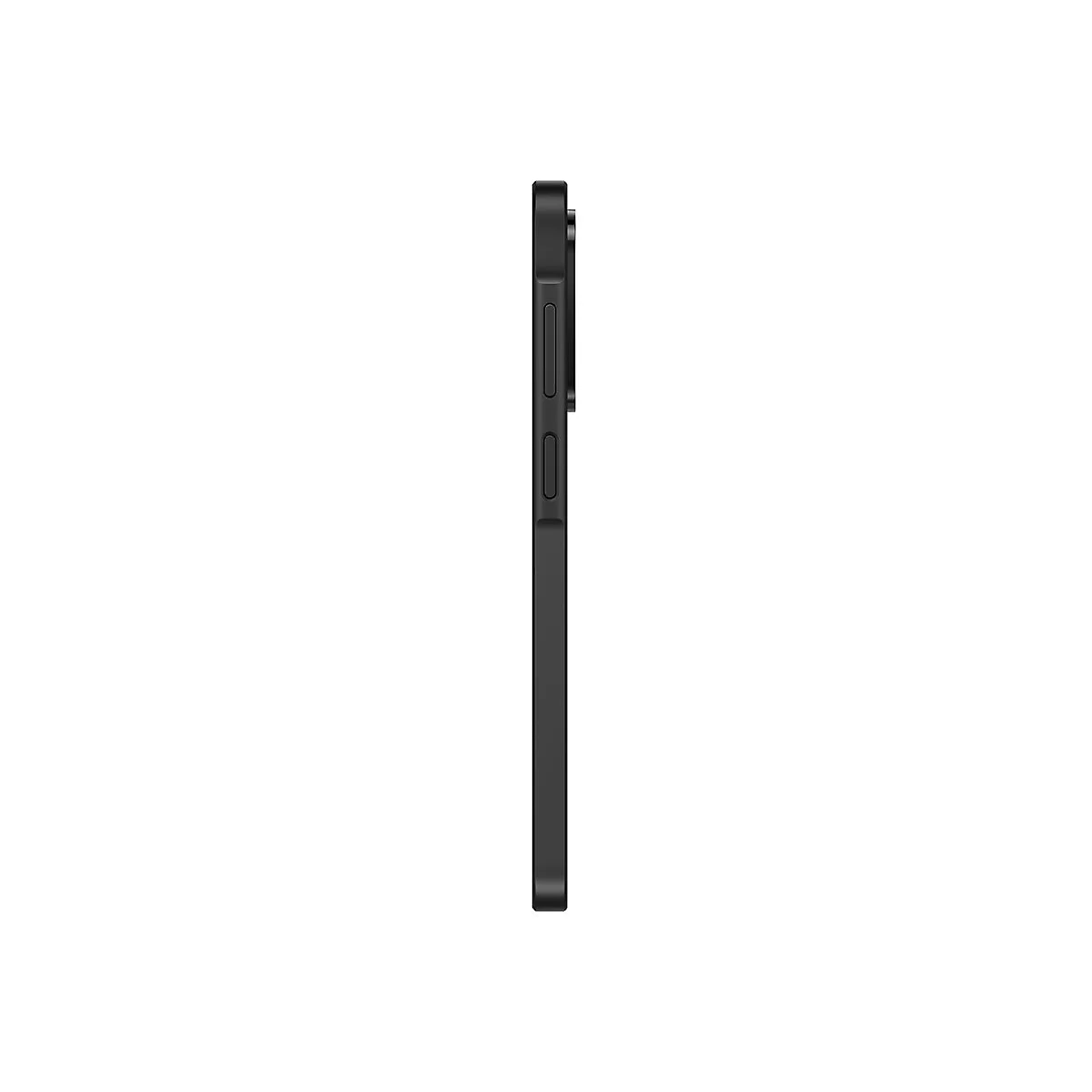 Schwarzes Smartphone-Seitenprofil mit Kamera- und Lautstärketasten, weißer Hintergrund.