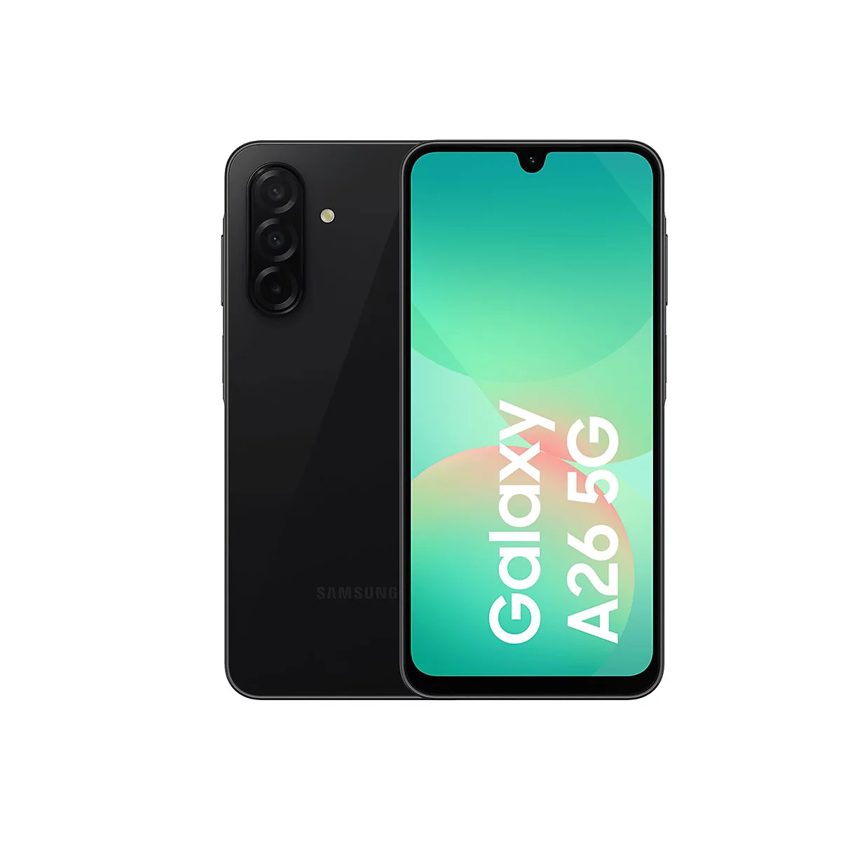 Schwarzes Samsung Galaxy A26 5G Smartphone, Display mit Schriftzug.