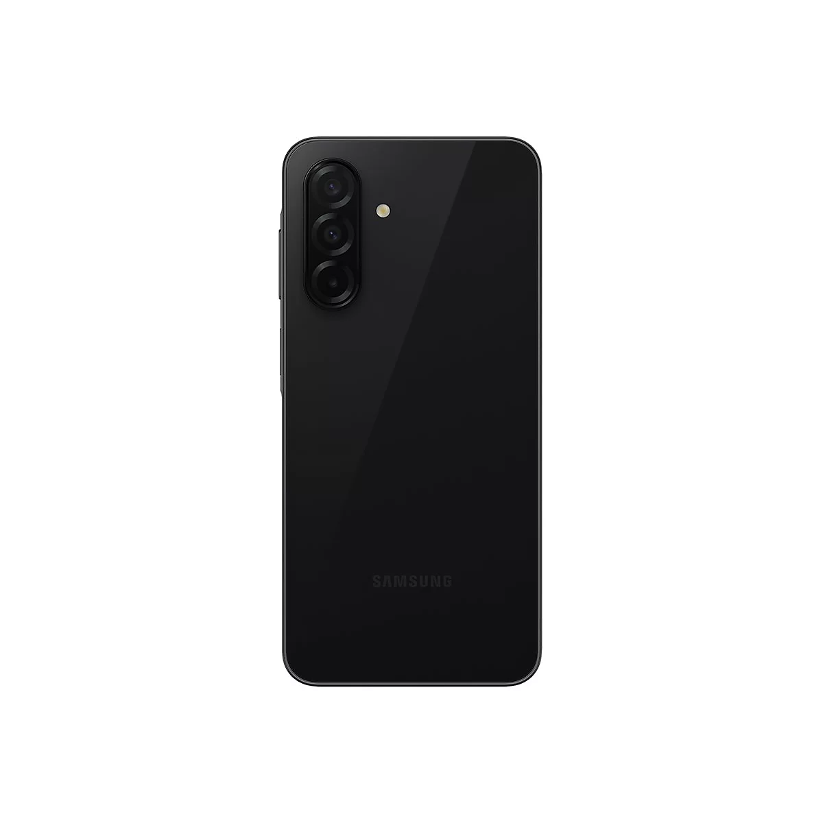 Schwarzes Smartphone von hinten, drei Kameras, Blitz, Logo. 