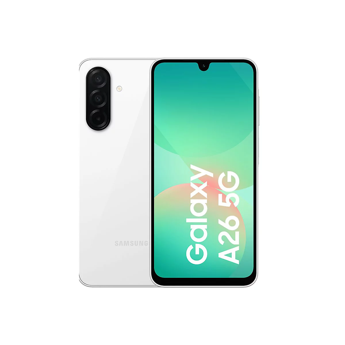 Weißes Smartphone, Rückseite mit drei Kameras, Display mit Schriftzug Galaxy A26 5G.