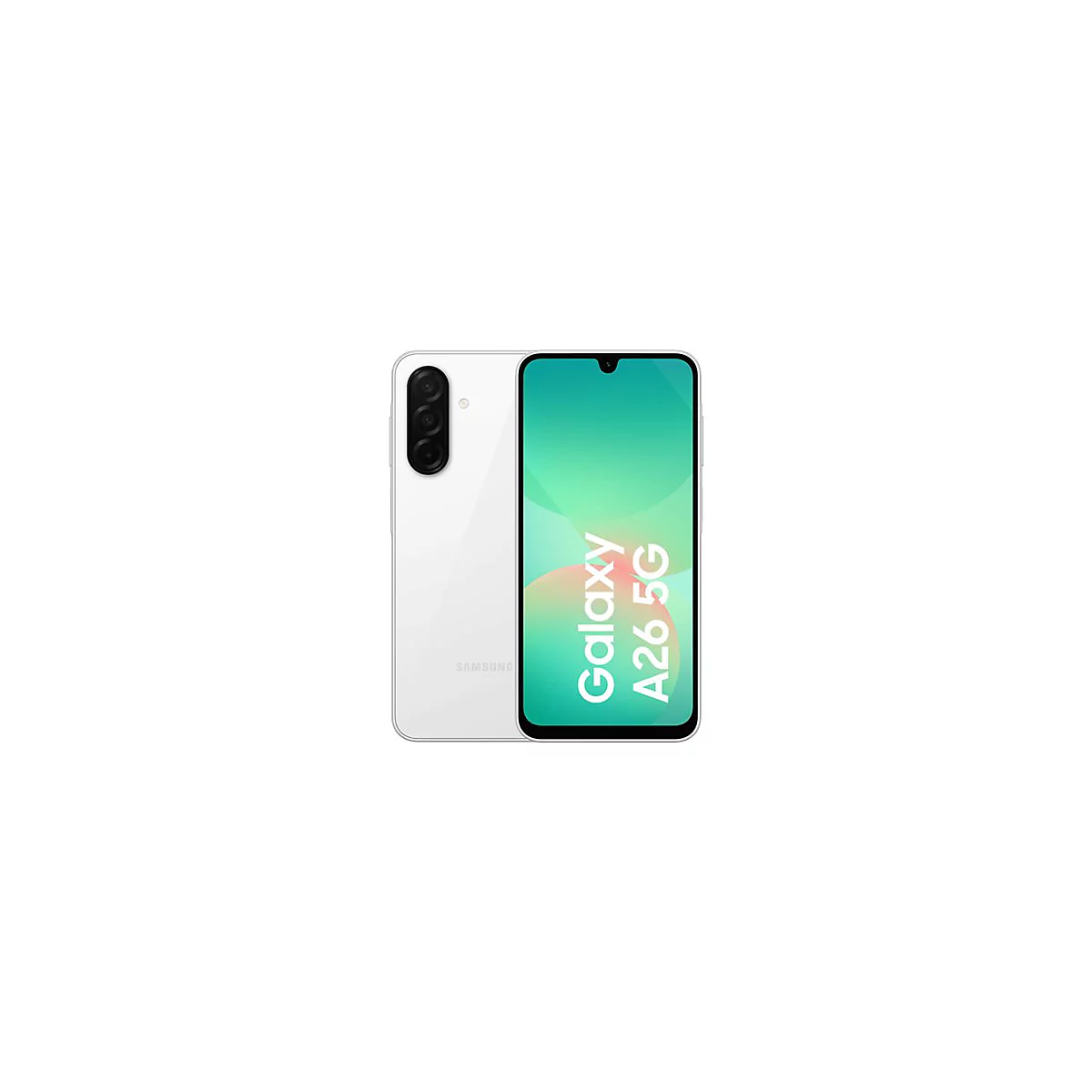 Weißes Smartphone mit dreifacher Kamera, Display mit Galaxy A26 5G Schriftzug.