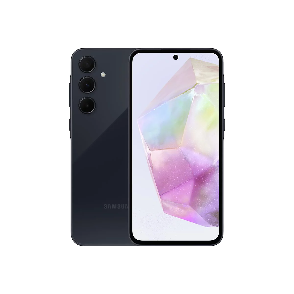Dunkelblaues Smartphone von Samsung, Front- und RÃ¼ckseite. Auf dem Bildschirm ein abstraktes, farbiges Muster.
