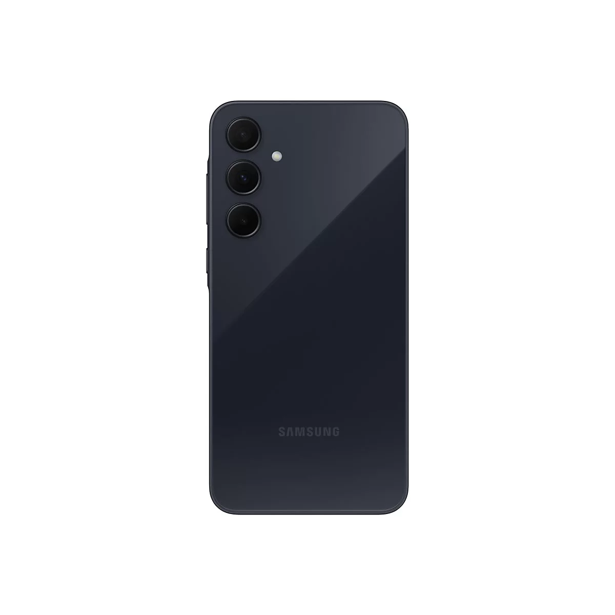 Dunkelblaues Smartphone, RÃ¼ckseite, drei Kameras, Samsung-Logo.