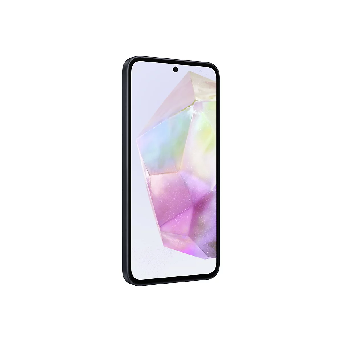 Schwarzes Smartphone, leicht schrÃ¤g dargestellt, mit farbigem Kristall-Hintergrund.