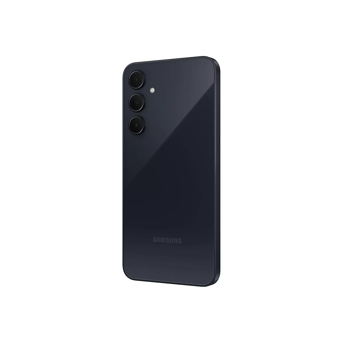 Dunkelblaues Smartphone mit drei Kameraobjektiven, Samsung Logo.