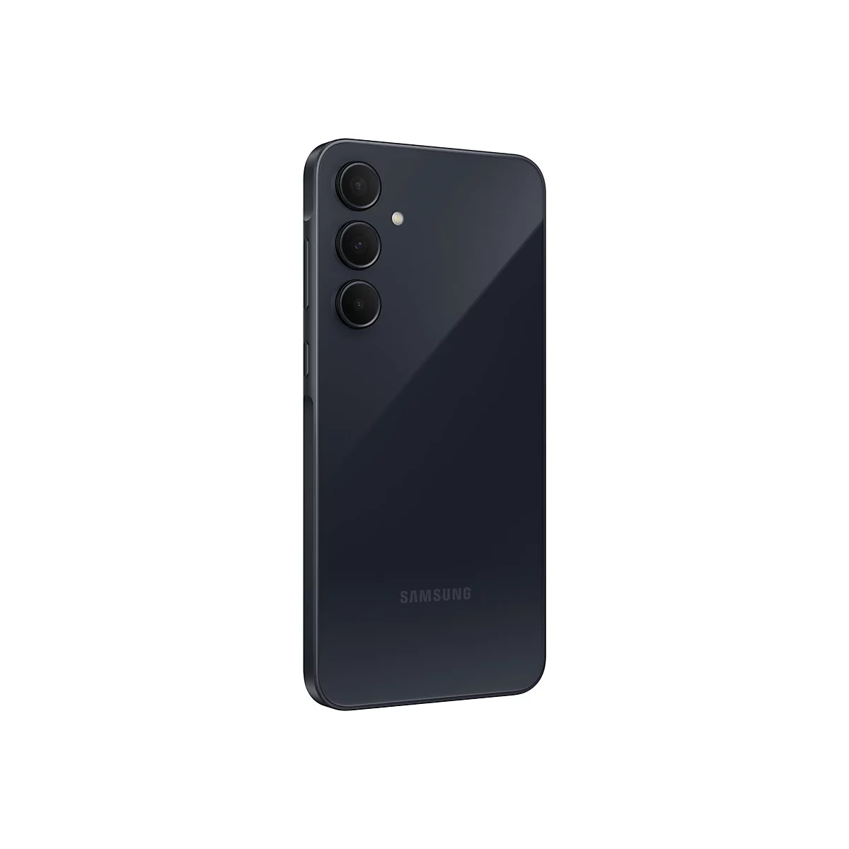 Dunkelblaues Smartphone im Winkel, drei Kameras oben, Samsung Schriftzug unten.