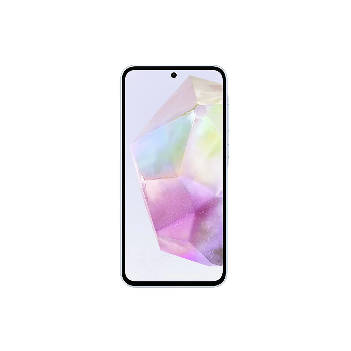 Smartphone mit einem farbigen Kristall auf dem Bildschirm, vor weißem Hintergrund.