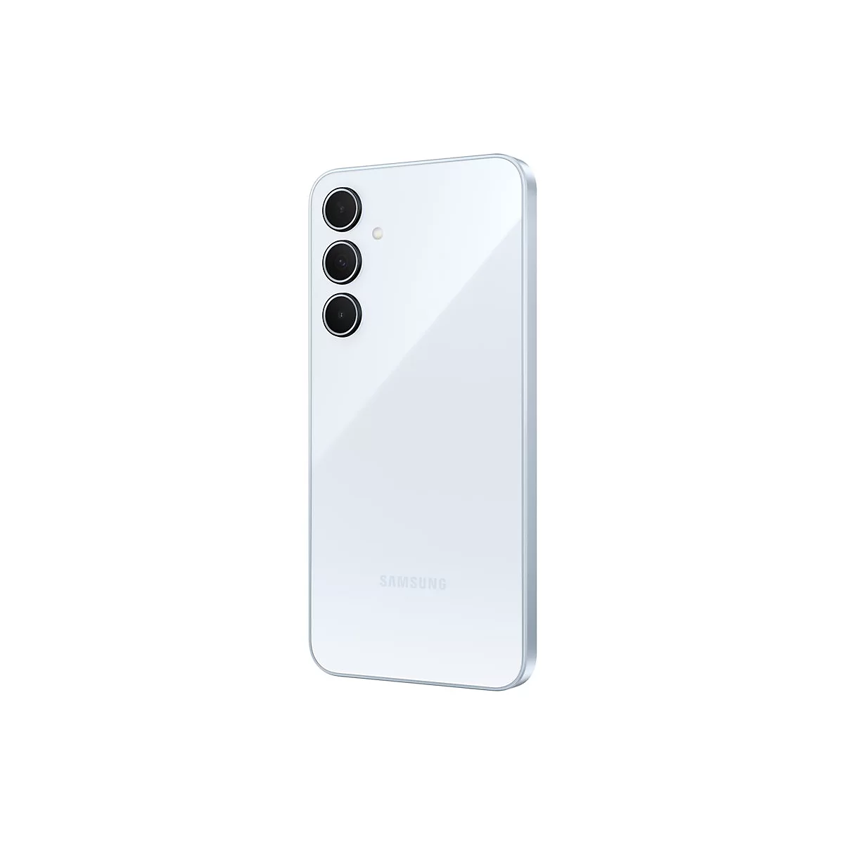 Hellblaues Smartphone, Rückseite mit drei Kameras und SAMSUNG-Logo.