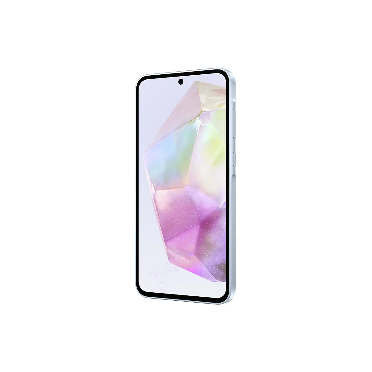 Hellblaues Smartphone-Rendering, Bildschirm mit farbenfrohen geometrischen Formen, schwarze Kamera.