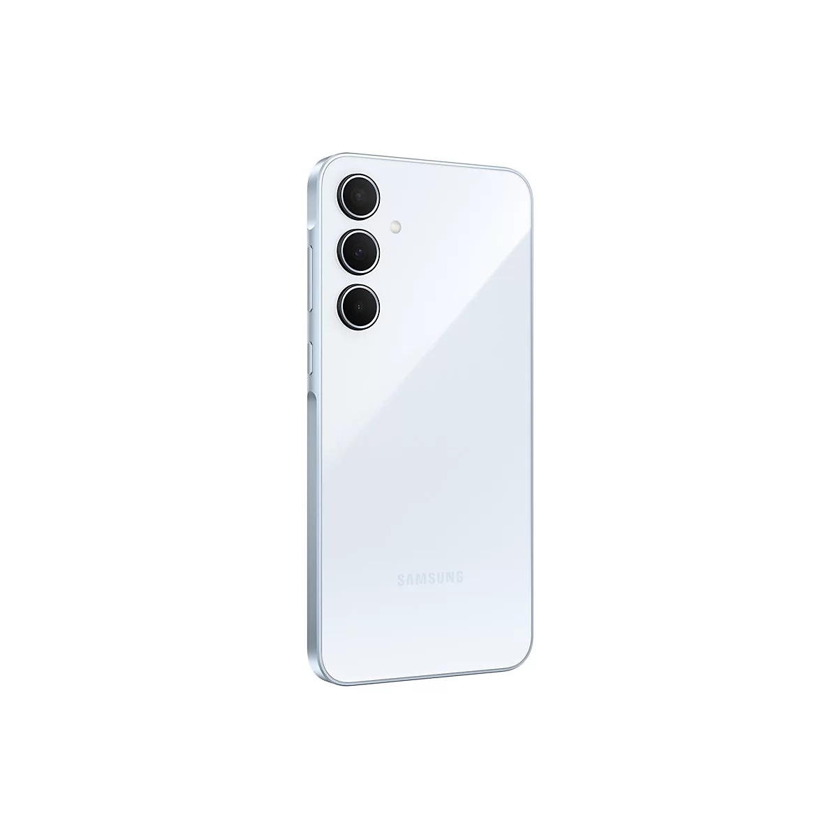 Hellblaues Smartphone, Rückseite mit drei Kameras, Samsung-Logo.