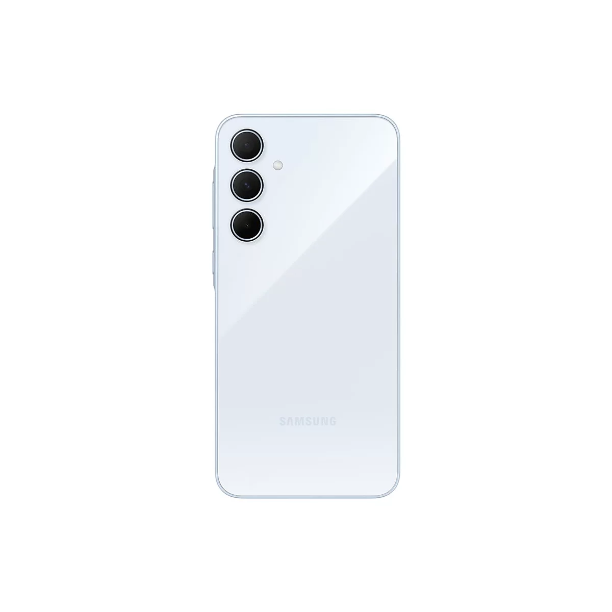 Hellblaues Smartphone mit drei Kameras und SAMSUNG Schriftzug auf weißem Hintergrund.