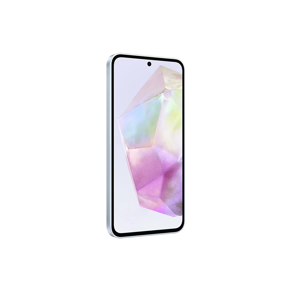 Ein Smartphone, seitlich, mit hellem Bildschirm, zeigt eine abstrakte Kristallformation. Silberner Rahmen, weißer Hintergrund.
