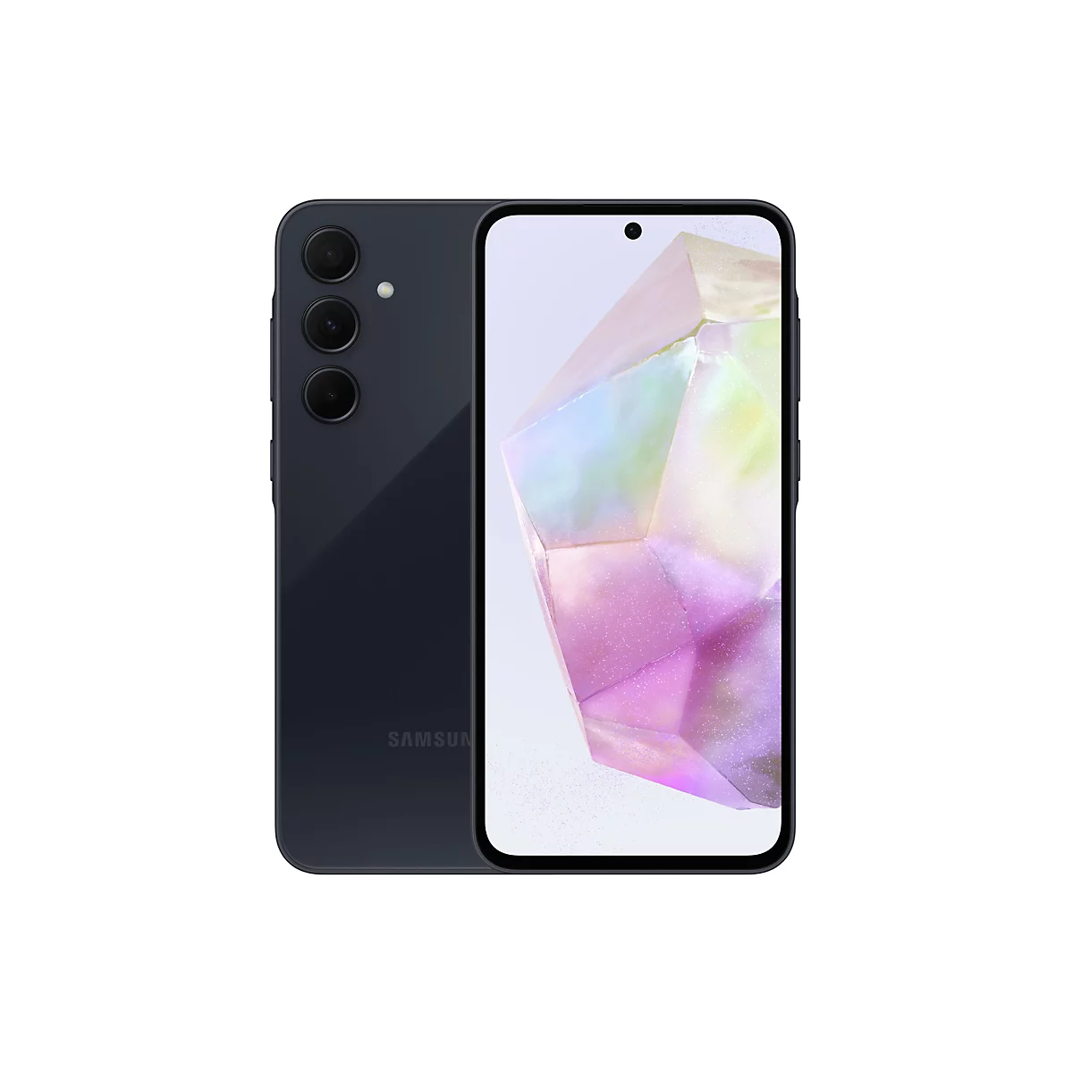 Dunkelblaues Smartphone, Vorder- und RÃ¼ckseite sichtbar. Auf dem Display ein mehrfarbiges, kristallÃ¤hnliches Muster.
