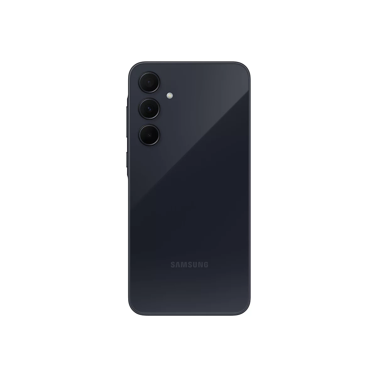 Dunkelblaues Smartphone von hinten, drei Objektive, Samsung-Logo.
