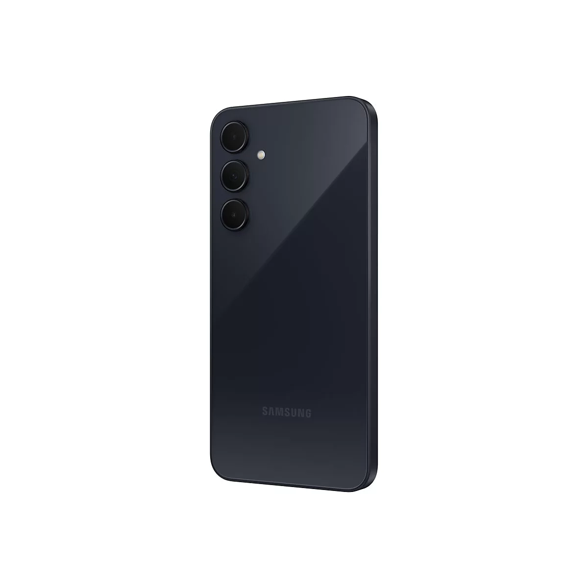 Dunkelblaues Smartphone mit drei Kameras und Samsung-Logo auf weiÃŸem Hintergrund.