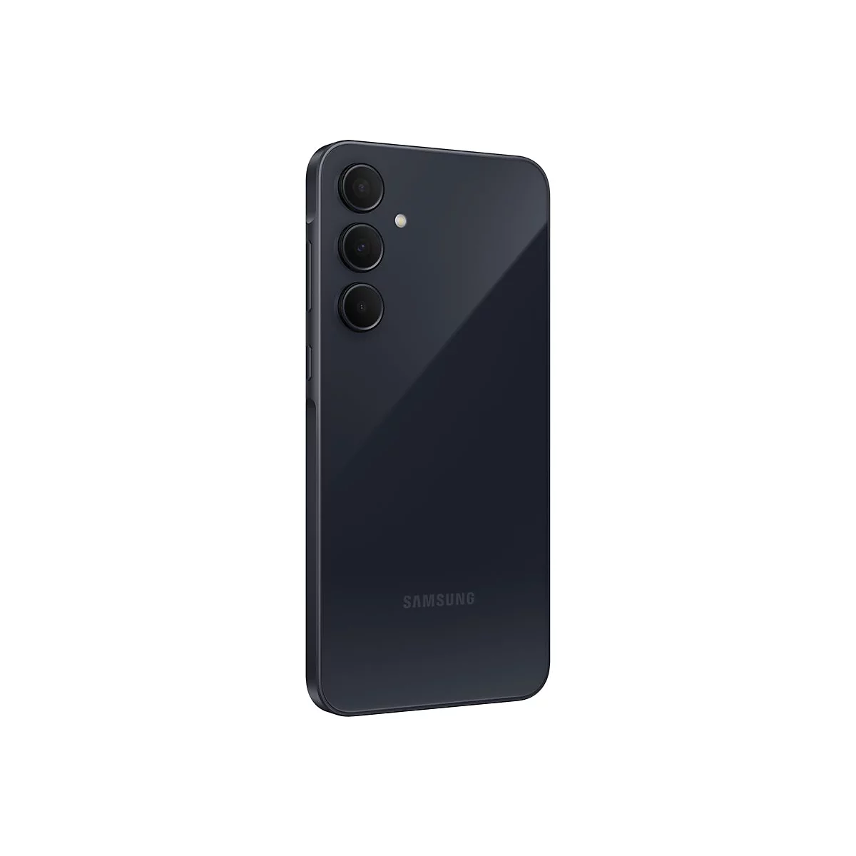 Dunkelblaues Smartphone, RÃ¼ckseite, drei Kameras, Samsung Logo.